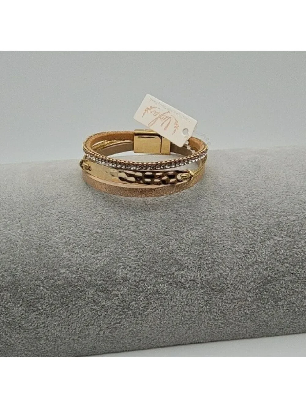 Elegant Gold Plated Multi Chain Leatherette Magnetic Bracelet, Simulated Diamond